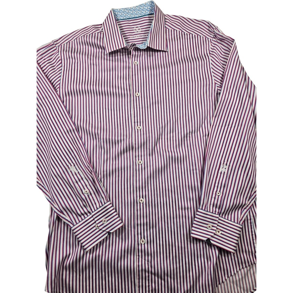 Bugatchi Uomo Mens Striped Button Down Shirt Pink Blue White 17.5 34/35 XL